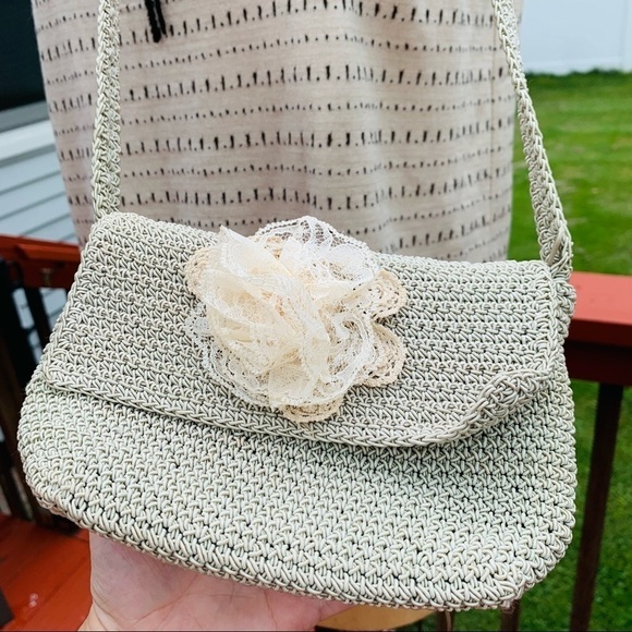 Y2K Knit Woven Taupe Rose lace cross body bag Neutral - Picture 8 of 9